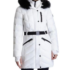 Women’s Belted Faux Fur Trim Hooded Puffer Coat